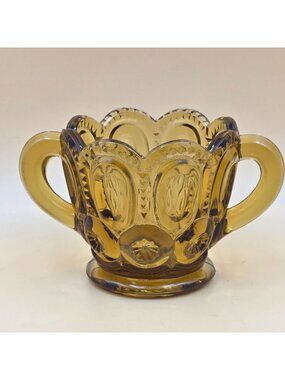 L E Smith Moon and Star Amber Glass Open Sugar Bowl Double Handle Vintage